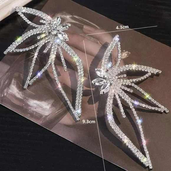 Rhinestone Leaf Design Studded Silver Earrings - Picture 10 of 12